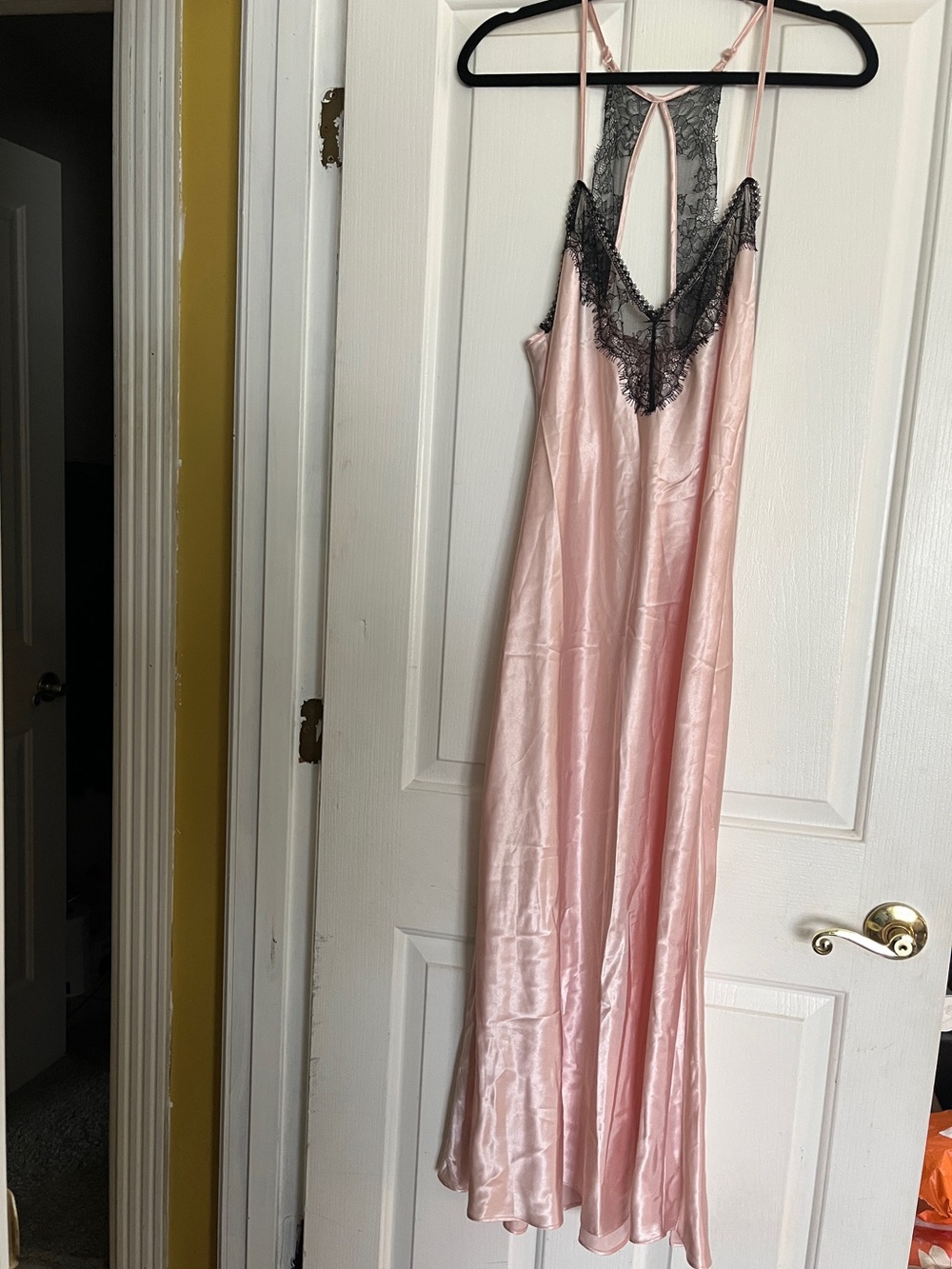 Pink satin long slip dress with black lace trim, size L. Polyester & nylon size